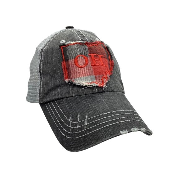 Ohio Distressed Trucker Hat Buffalo Plaid Patch Design Adjustable Mesh Back 0S - Picture 1 of 8